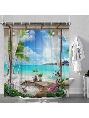 3D Sunny Beach Baskılı Duş Perdesi Set Deniz Manzarası Banyo Ekranı Su Geçirmez Banyo Perdeleri Kaymaz Banyo Mat Kaidal Halı (120 * 180 Cm)