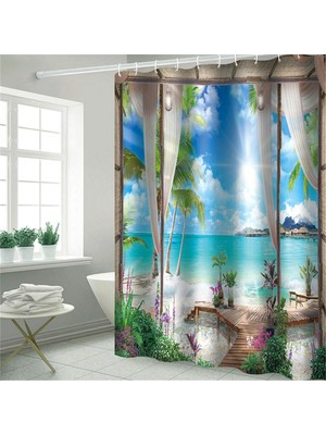 3D Sunny Beach Baskılı Duş Perdesi Set Deniz Manzarası Banyo Ekranı Su Geçirmez Banyo Perdeleri Kaymaz Banyo Mat Kaidal Halı (120 * 180 Cm)