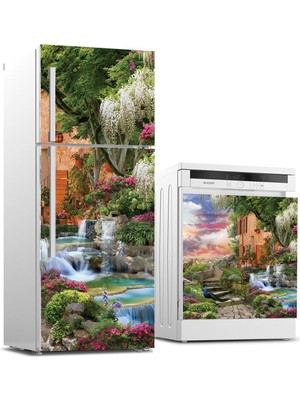 Sticker Art Buzdolabı ve Bulaşık Makinası Beyaz Eşya Sticker Kaplama Antik Şelale