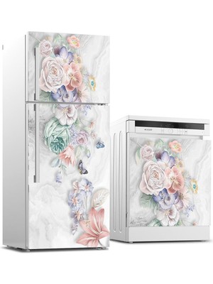 Sticker Art Buzdolabı ve Bulaşık Makinası Beyaz Eşya Sticker Kaplama Çiçekler ve Kelebek