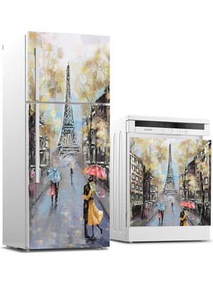 Sticker Art Buzdolabı ve Bulaşık Makinası Beyaz Eşya Sticker Kaplama Eyfel Renk Yağlıboya