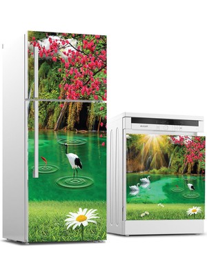 Sticker Art Buzdolabı ve Bulaşık Makinası Beyaz Eşya Sticker Kaplama Göl Papatya