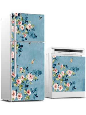 Sticker Art Buzdolabı ve Bulaşık Makinası Beyaz Eşya Sticker Kaplama Mavi Yeşil Pembe Çiçek