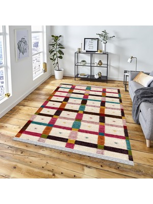 Decoser Halı Dekoratif Kilim Makinada Yıkanabilir Dijital Baskılı Renkli Etnik Desenli Kaymaz Tabanlı Salon Koridor Mutfak Halısı NOVA-4003