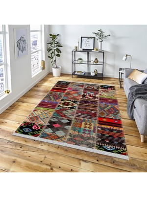 Decoser Halı Dekoratif Kilim Makinada Yıkanabilir Dijital Baskılı Renkli Etnik Desenli Kaymaz Tabanlı Salon Koridor Mutfak Halısı NOVA-4015