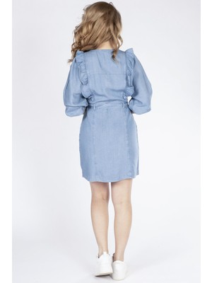Kadın Fermuarlı Tensel Kumaş Kot Elbise Açık Mavi