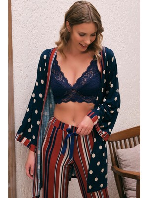 Anıl 5669 Kadın Puantiye Desenli Çizgili Dantel Detaylı Sabahlıklı Bralet Pijama Takım