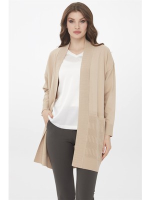 Desen Triko Kadın Triko Yazlık Uzun Hırka Bej