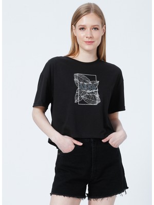 Aeropostale K-Shadow Bisiklet Yaka Loose Fit Baskılı Siyah Kadın T-Shirt