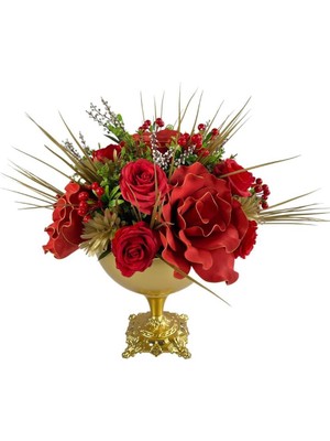 Nettenevime Yapay Çiçek ve Latex Aranjmanı Metal Gold Vazolu Masa Üstü Çiçeği Arajman 97216