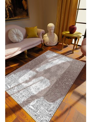 Klasik Eskitme Gri Dijital Baskı Halı Kaydırmaz Ince Yıkanabilir