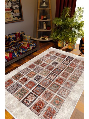 Salon Halısı Kilim Desenli Otantik Eskitme Bej Kaydırmaz Kesme Yıkanabilir Ince Halı Tüysüz Kilim