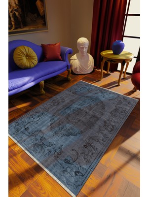 10 Post Online Klasik Eskitme Gri Dijital Baskı Halı Kaydırmaz Ince Yıkanabilir