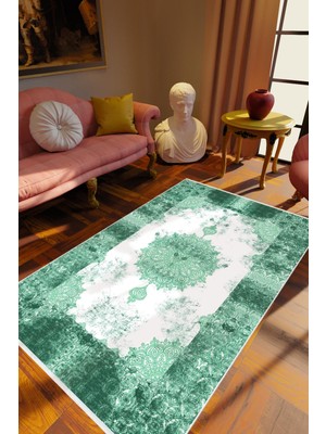 Klasik Turkuaz Kaydırmaz Kesme Yıkanabilir Ince Halı