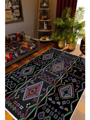 Otantik Eskitme Siyah Kaydırmaz Kesme Yıkanabilir Ince Halı