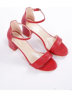 Bayan Kırmızı Alçak Topuk Tek Bant Bilekten Bağlamalı Ayakkabı