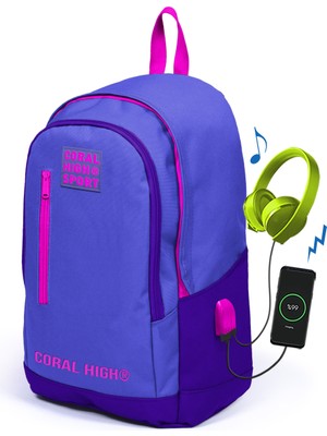 Coral High Sport Lavanta Mor Üç Bölmeli USB Şarjlı Kulaklık Çıkışlı Sırt Çantası 23234