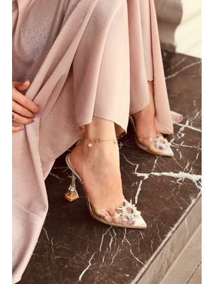 Laminta Sunset Silver Şeffaf Taşlı Topuklu Ayakkabı