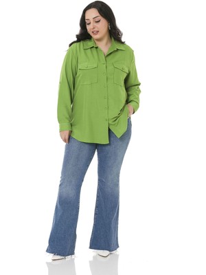 Disentis Modest Büyük Beden Gömlek Yaka Göğüsten Çift Cepli Fıstık Yeşili Gömlek