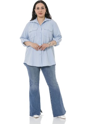 Disentis Modest Büyük Beden Gömlek Yaka Göğüsten Çift Cepli Mavi Gömlek