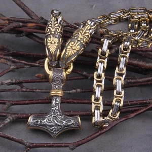Viking Ejderha Kafası Iskandinav Motifli Thor Mjollnir & Kral Zincir 316L Çelik Kolye
