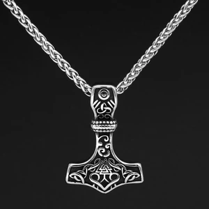 Viking Valknut & Triquetra Işlemeli Thor Mjollnir Tasarım 316L Erkek Çelik Kolye