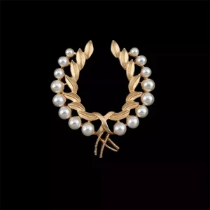 Gold Vintage Zeytin Dalı İnci Broş