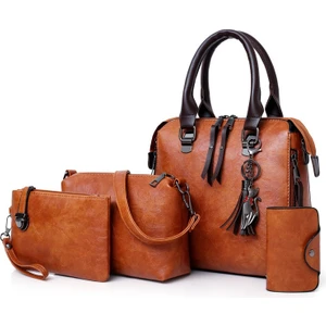 4 Adet / Camel Renk Bayanlar Çanta Pu Deri Tek Omuz Messenger Çanta Kompozit Çanta (25 x 12 x 23 cm.) (Yurt Dışından)