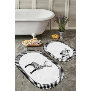 Zebra Motifli Geytik Tasarımlı 2'Li Oval Kaymaz Tabanlı Banyo Paspas Takımı & Mutfak Paspas Seti