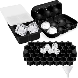 Buz Küpü Tepsisi, 3 Pack Kapaklı Silikon Buz Küpü Tepsileri, Küre Kare Petek Buz Küp Kalıp, Esnek, Yeniden Kullanılabilir (Siyah)