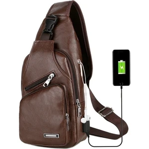 Yeni 2 Stilleri Göğüs Çanta Rahat Açık Seyahat USB Şarj Portu Sling Çanta Deri Göğüs Çantası Crossbody Çanta (Kahverengi D)(Yurt Dışından)