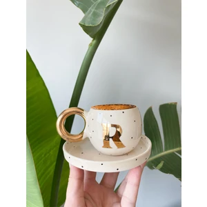 Mug Tasarım 24K Altın Yaldızlı Double Türk Kahvesi Fincanı R Harfi