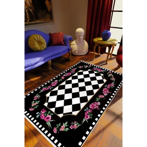 Figürlü Çiçekli Siyah Beyaz Mor Kaydırmaz Kesme Yıkanabilir Ince Halı
