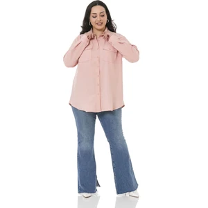 Disentis Modest Büyük Beden Gömlek Yaka Göğüsten Çift Cepli Pudra Rengi Gömlek