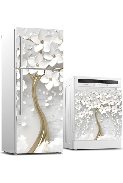 Sticker Art Buzdolabı ve Bulaşık Makinası Beyaz Eşya Sticker Kaplama 3D Beyaz Ağaç 3