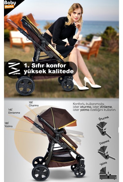 Baby Home Yeni Doğan Set 8 In 1 Baby Home 985 Travel Sistem Bebek Arabası ve 505 Bebek Sepeti Sepet Anne Yanı Beşik