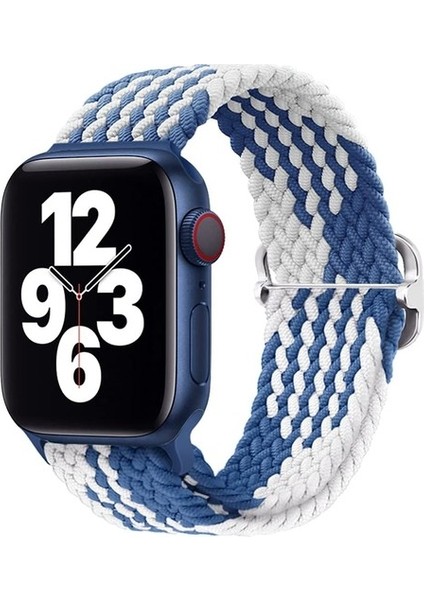 Apple Watch Uyumlu Kordon 3 4 5 6 7 Se 38MM 40MM 41MM Örgü Tokalı Kordon Mavi Beyaz