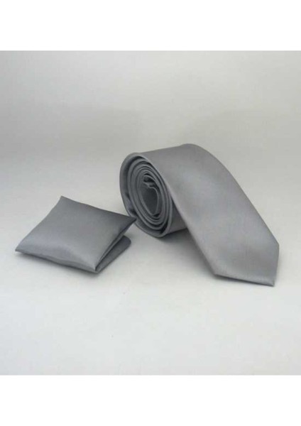 Gri Slim Fit (Ince) Düz Renk Mendilli Saten Kravat