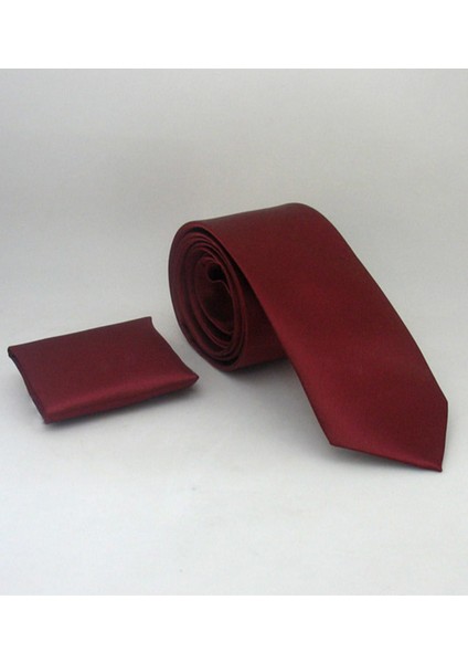 Bordo Slim Fit (Ince) Düz Renk Mendilli Saten Kravat