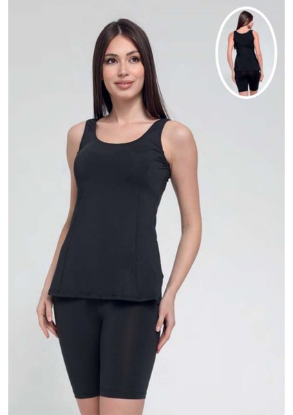 Kadın Düz Renk Askılı Taytlı Tankini S9003-04