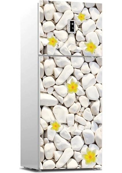 Buzdolabı Sticker Kaplama Dolap Kaplama Etiketi Beyaz Taşlar Sarı Çiçek