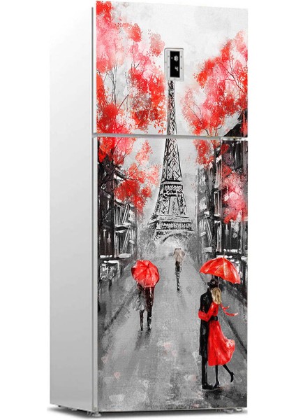 Buzdolabı Sticker Kaplama Dolap Kaplama Etiketi Eyfel Kırmızı Yağlıboya