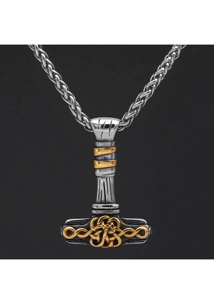 Viking Thor Mjollnir Nordik Iskandinav Işlemeli & Örgü Zincir 316L Erkek Çelik Kolye