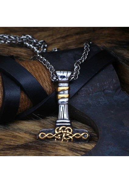 Viking Thor Mjollnir Nordik Iskandinav Işlemeli & Örgü Zincir 316L Erkek Çelik Kolye