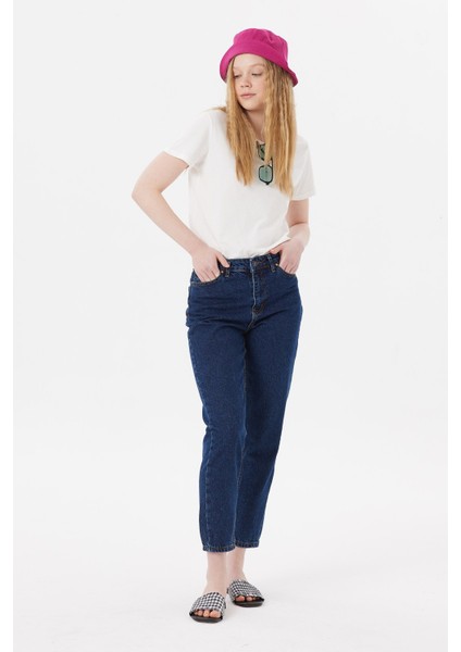 Yüksek Bel Mom Jeans Koyu Mavi