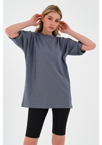 Kadın Oversize Basic T-Shirt - Füme