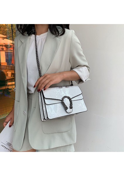 Yeni Kadın Omuz Çantası Sonbahar ve Kış Alışveriş Çantası Yüksek Kalite Indirim Yılan Desen Moda Tasarım Kadın Messenger Çanta (Beyaz) (Yurt Dışından) modelleri