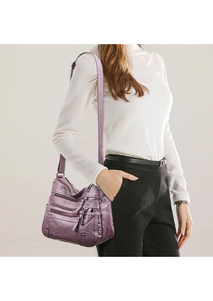 Yeni Bayanlar Çanta Yumuşak Su Geçirmez Çok Fermuar Kadın Deri Satchel Açık Seyahat Omuz Çantası Crossbody Rahat Messenger Çanta (Mor) (Yurt Dışından) fiyatları