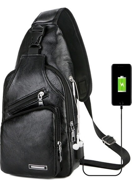 Yeni 2 Stilleri Göğüs Çantası Rahat Açık Seyahat USB Şarj Portu Sling Çanta Deri Göğüs Çantası Crossbody Çanta (Siyah) (Yurt Dışından)