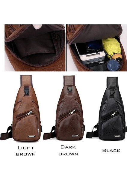 Yeni 2 Stilleri Göğüs Çantası Rahat Açık Seyahat USB Şarj Portu Sling Çanta Deri Göğüs Çantası Crossbody Çanta (Siyah) (Yurt Dışından)